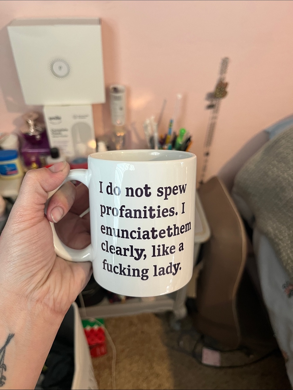 White Ceramic Mug with Bold Black Text - 'I do not spew profanities'
